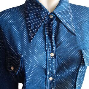Vintage 70's Women's Large Shirt Big Collar Polka Dot Mod Shirt Sheer Thin